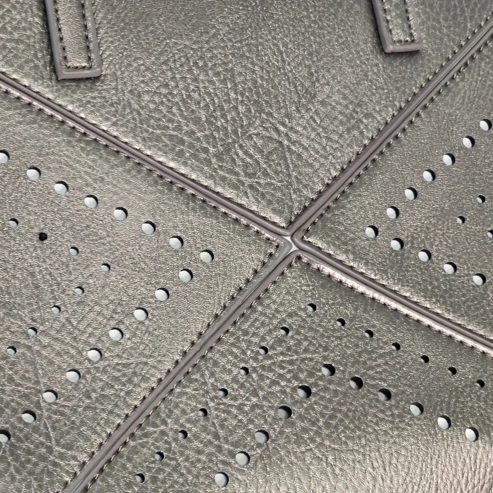 Metallic Pewter Perforated Leather Satchel Crossbody Bag Gunmetal Gray Gold Zip